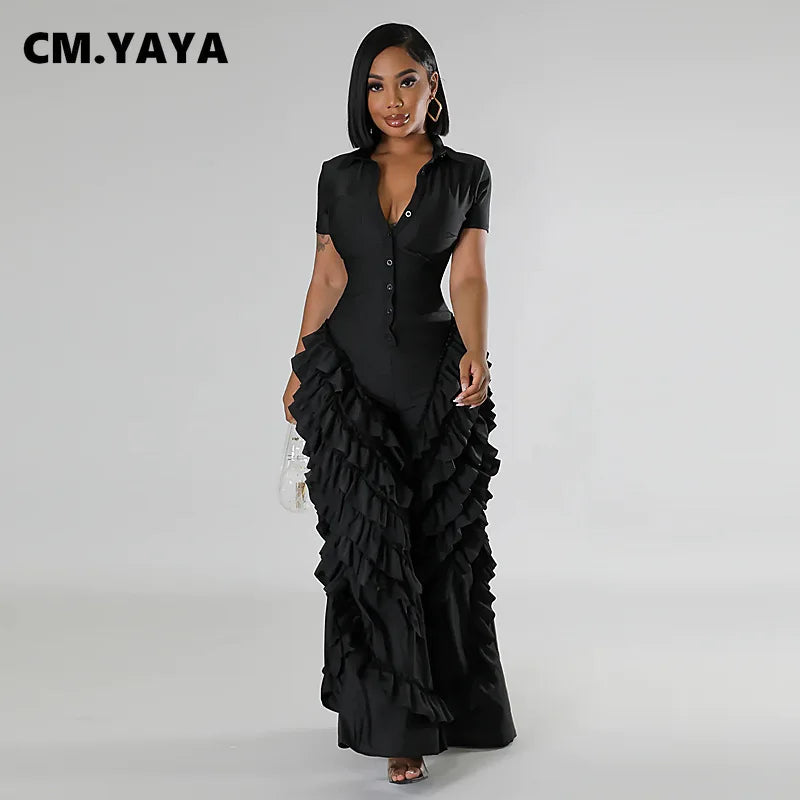 Fashion Women Mult Ruffles Short Sleeve Zipper Fly Wide Leg Shirt Jumpsuit 2024 Streetwear Romper One Piece Set Playsuit