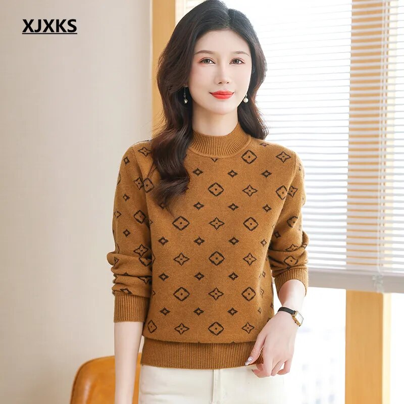 XJXKS 2024 Winter Warm Wool Knit Pullover Women's Turtleneck Sweaters Comforts Soft Knitwears Jumper Tops Orange