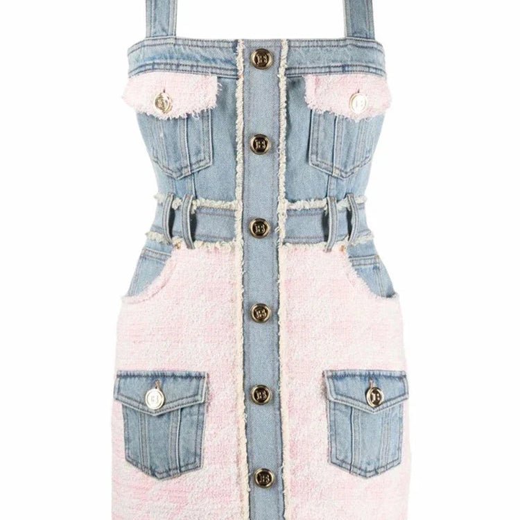 Newest Designer Fashion Women Spaghetti Strap Denim Tweed Houndstooth Pachwork Fringed Dress