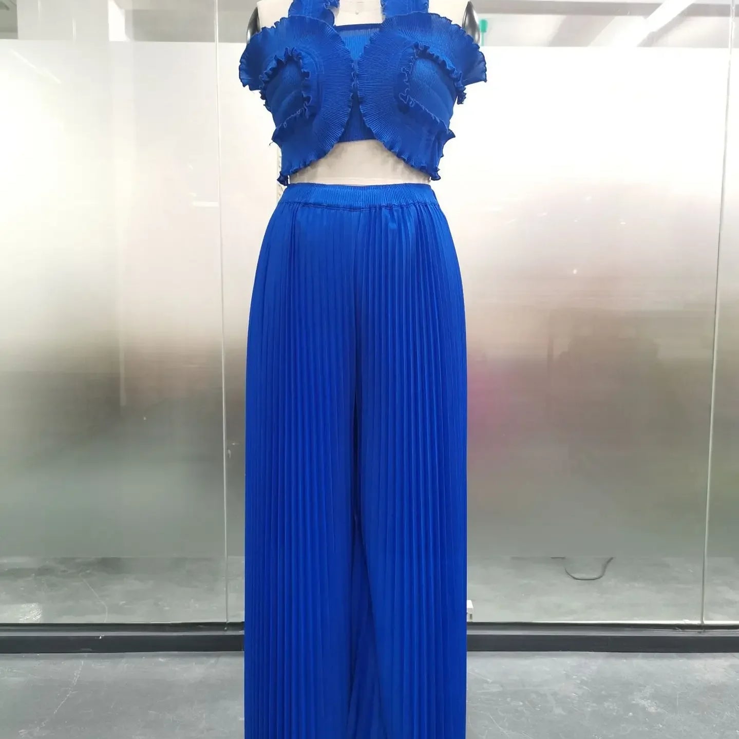 CM.YAYA Streetwear Women's Set Sleeveless Halter Crop Pleated Top+Wide Leg Pants Elegant 2024 Fall Party Two 2-Piece Set Outfits Blue One Size