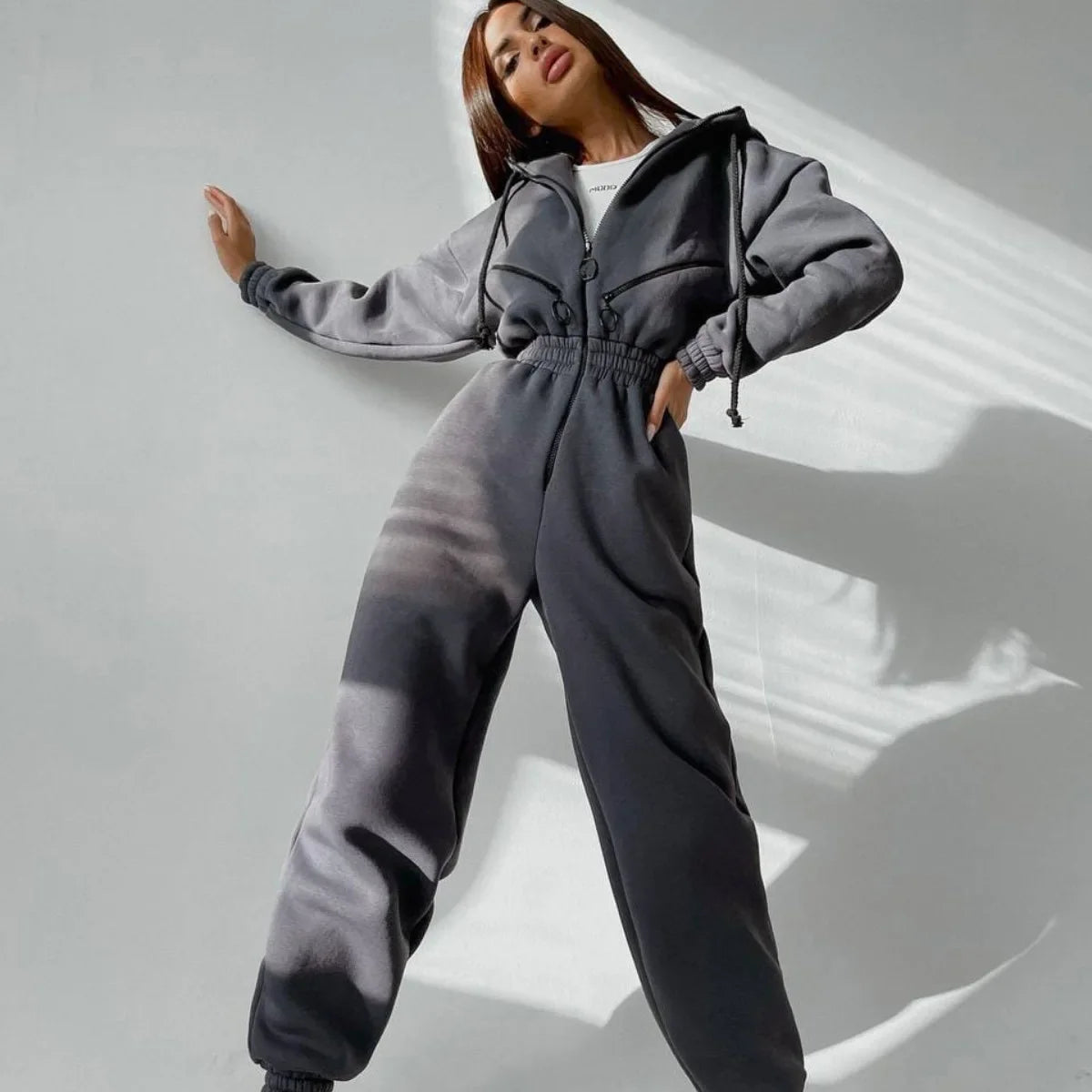 LKF New Sports and Casual Women's Jumpsuit Hooded Zipper Cardigan Solid Color Street Trendy Jumpsuit Wholesale Gray