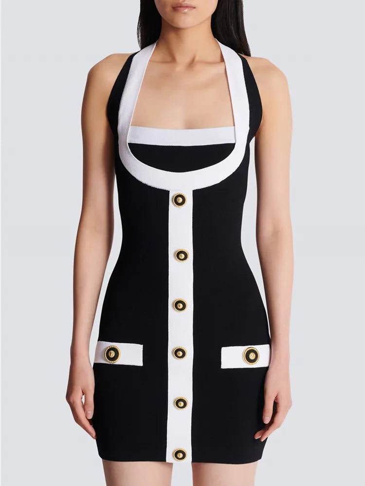 Women Celebrity Sexy Backless Halter Button Bodycon Black Mini Bandage Dress 2025 Elegant Evening Club Party Outfit