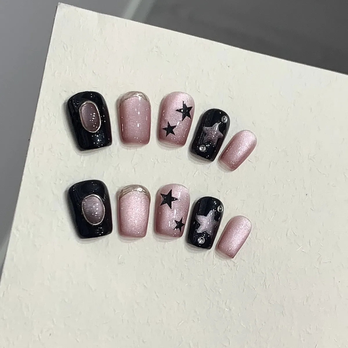 10Pcs Short Sweet Cute Girl Handmade Press on Nails Set Shimmery Cat Eye Gel Nail with Glue Cherry Cake French Acrylic Nail Tips
