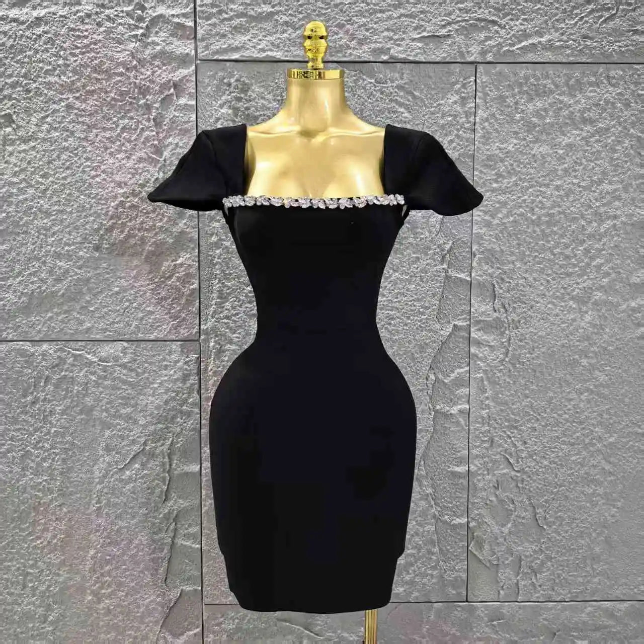 Black Red Color Women Sexy Short Sleeve Square Collar Bodycon Mini Bandage Dress Nightclub Party Celebrate Birthday Fashion Wear black