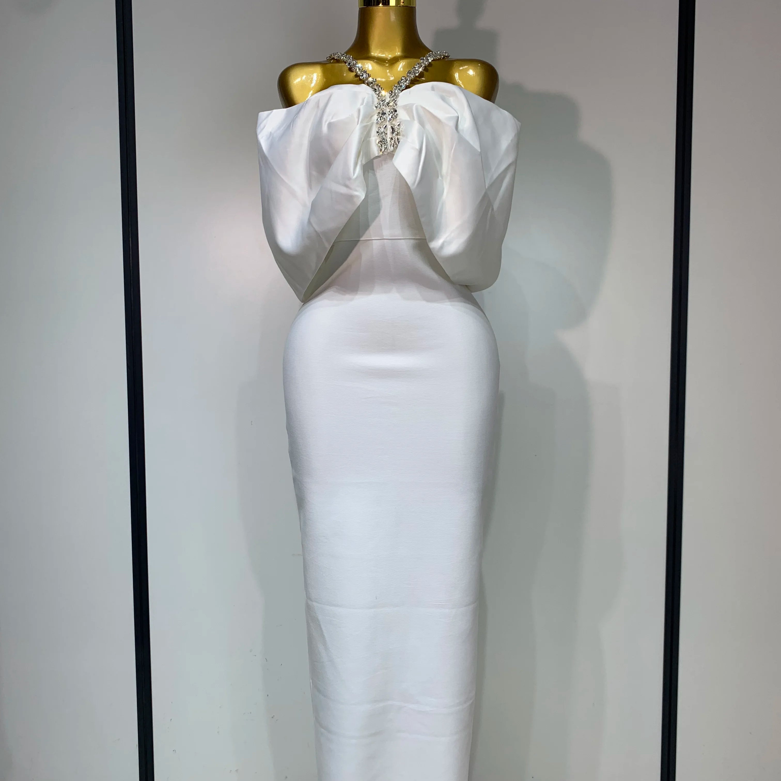Luxury Rhinestone Chain Off Shoulder Vintage Butterfly Chic Bodycon Dress High Street Elegant Evening Party Birtyday Clothing WHITE