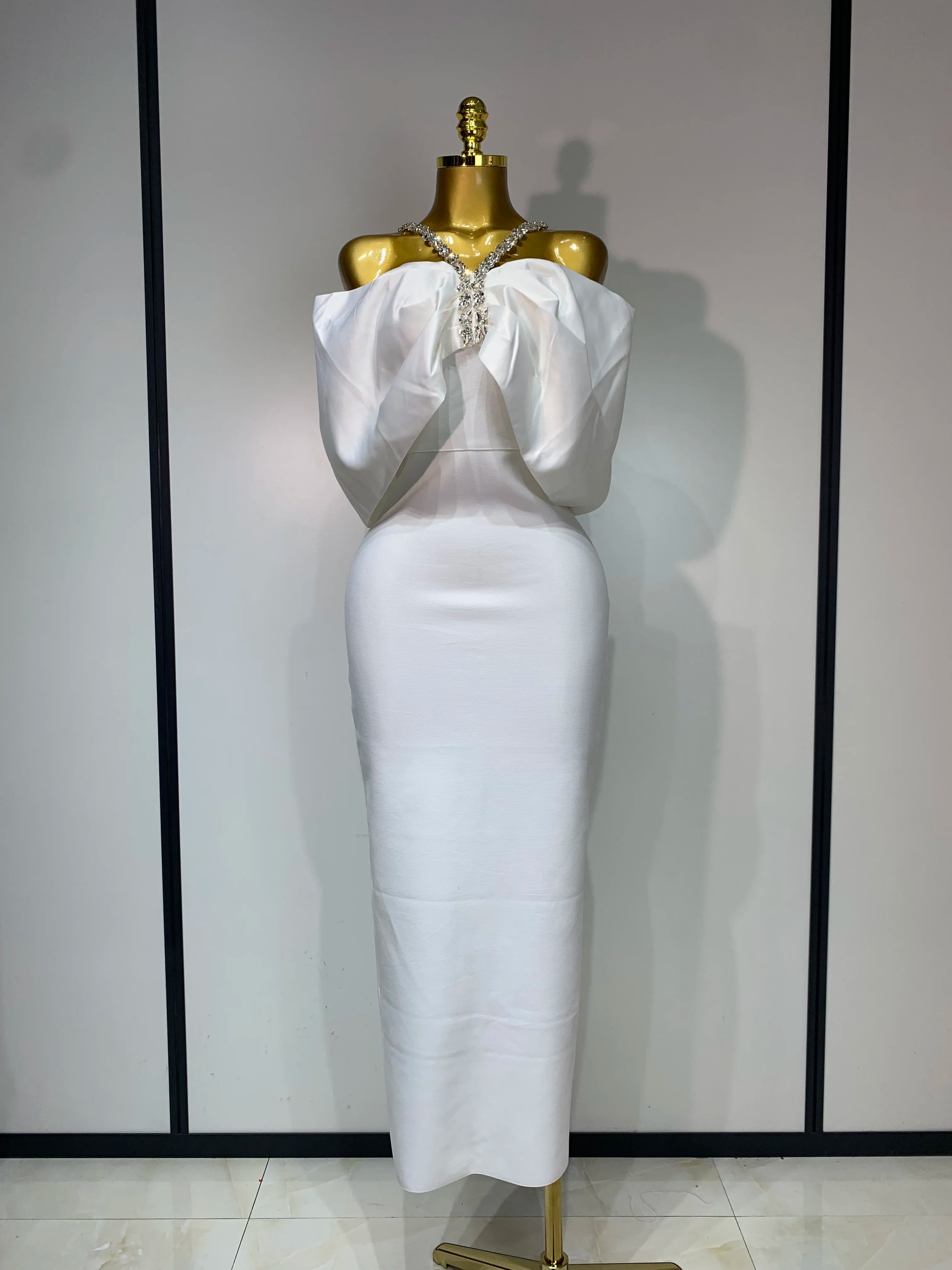 Luxury Rhinestone Chain Off Shoulder Vintage Butterfly Chic Bodycon Dress High Street Elegant Evening Party Birtyday Clothing WHITE