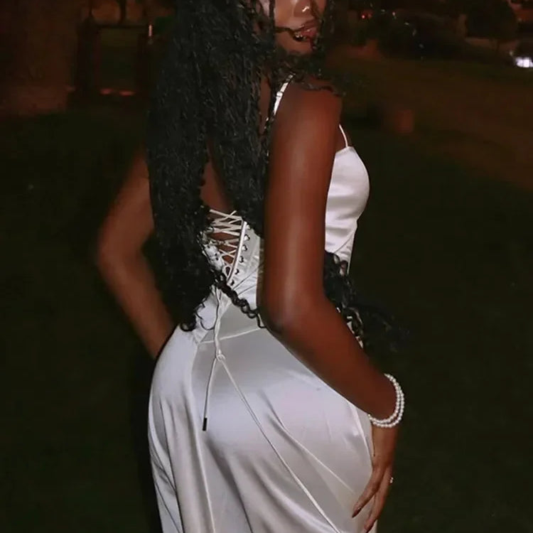 Elegant Solid Satin Ruffles Sling Long Dress Lady Sexy Square Collar Backless Sleeveless Lace Up Robes Chic Women Party Dresses