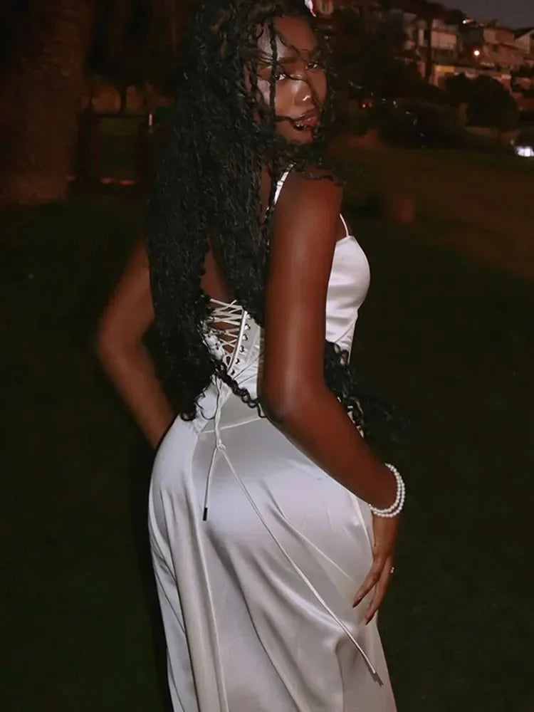 Elegant Solid Satin Ruffles Sling Long Dress Lady Sexy Square Collar Backless Sleeveless Lace Up Robes Chic Women Party Dresses