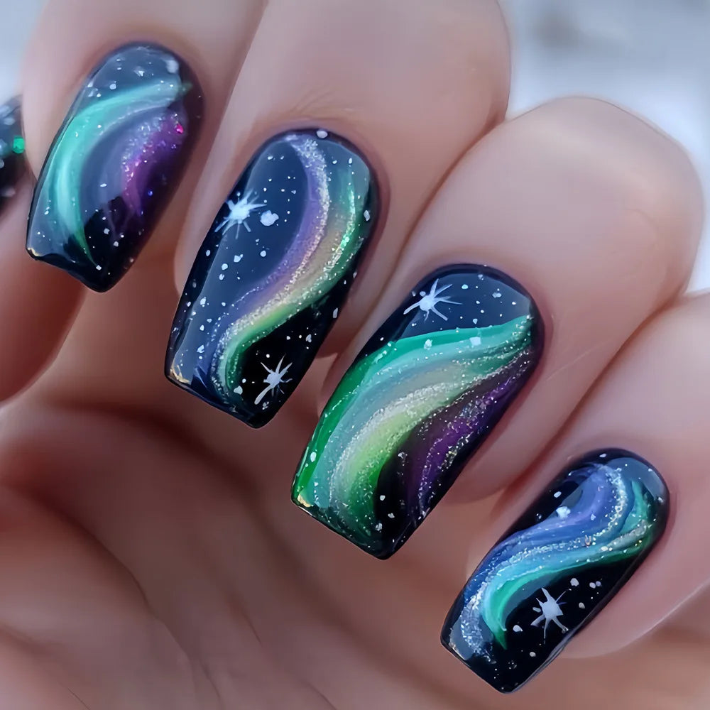 Medium fake nails for women gilrs gradient blue pink starry sky star moon Y2K design Almond nail tips press on false nail set 2333