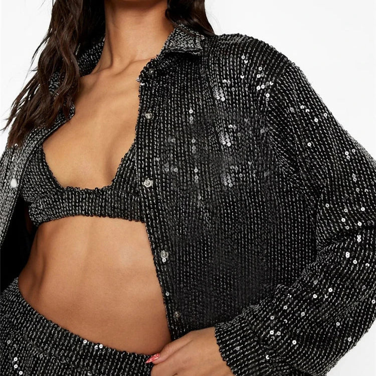 Tossy Sparkly Two-piece Set Party Outfits For Womens Sequin Top Blouse Shirt And Pants Suit Female Luxury Evening Tracksuit New