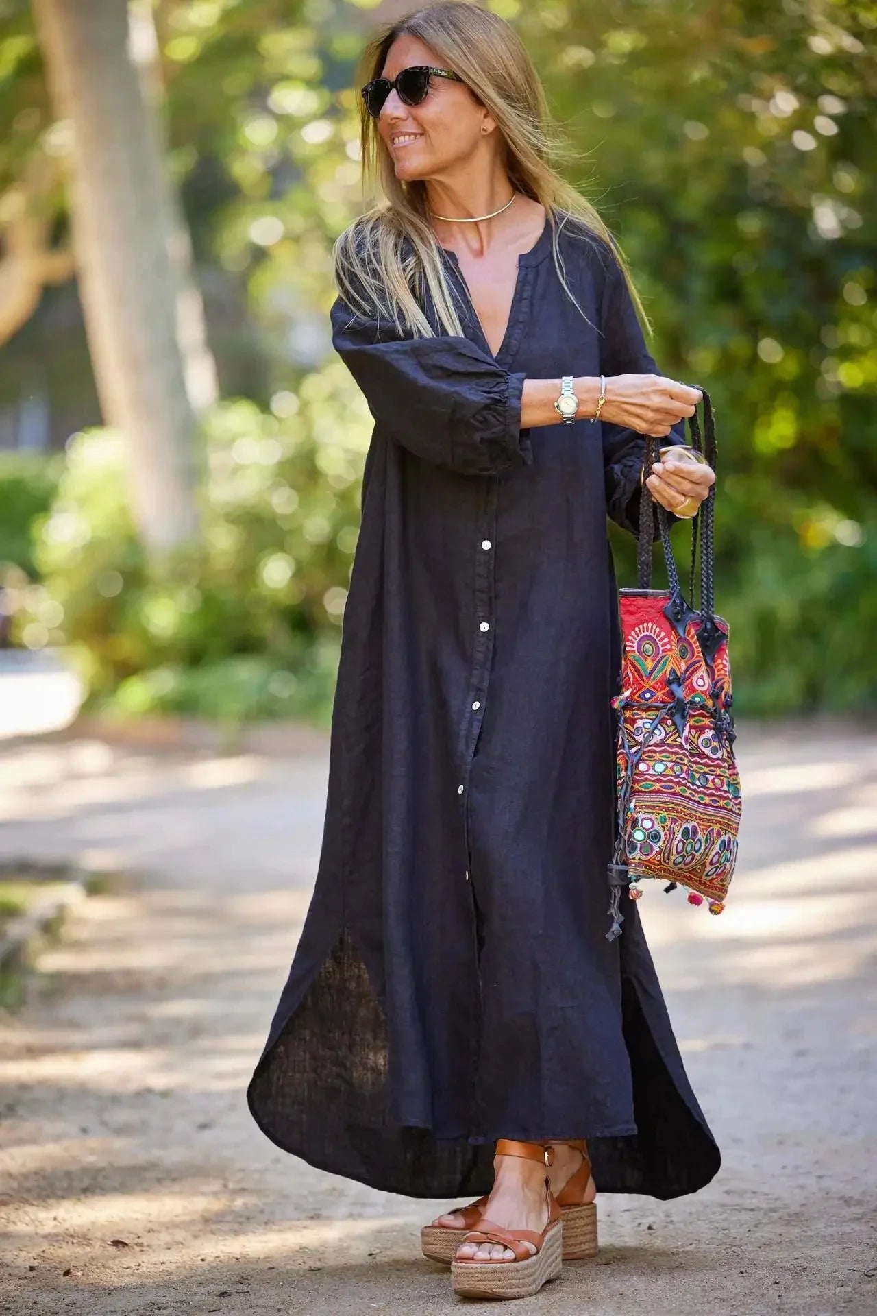 Retro Women Loose Blouse Cotton And Linen Dress Summer Female Beach Sand Three Quarter Sleeve Button Baggy Maxi Long Dresses New Black