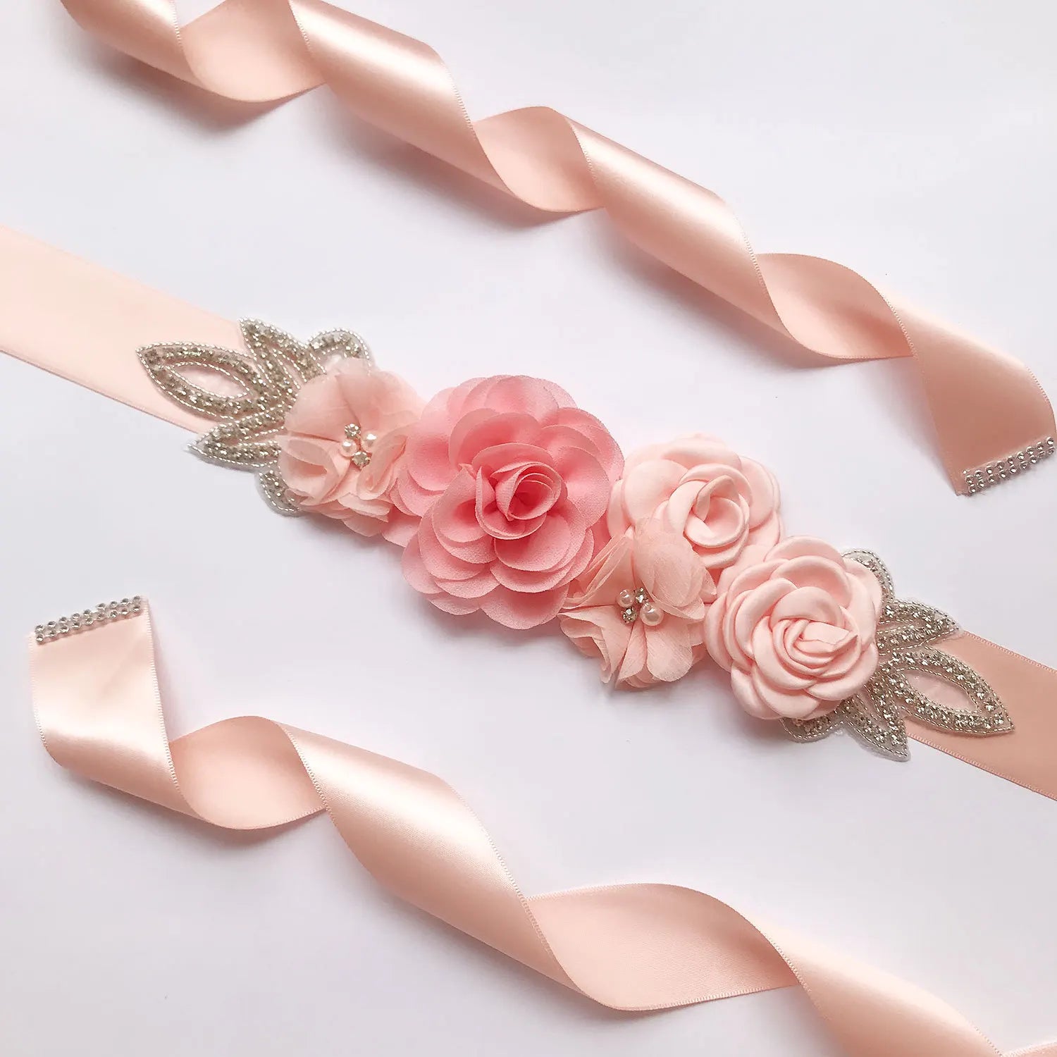 Wedding Accessories Bridal Belts Satin Flower Sash Woman Girl Belts Flower Bead Belts Floral Belt Wedding Rhinestone Flower Belt 1-Champagne Pink