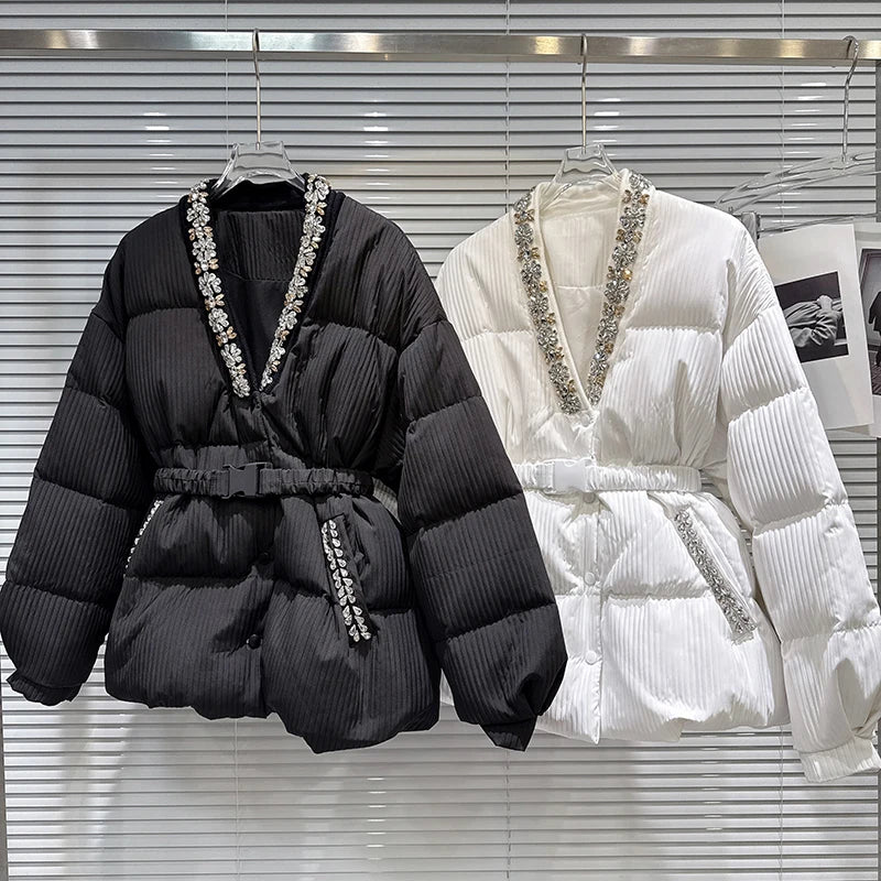 Winter New Fashion V-Neck Rhinestone Collar Belt Striped Fabric Warm Jacket For Women Cotton-padded Coat 11A07929
