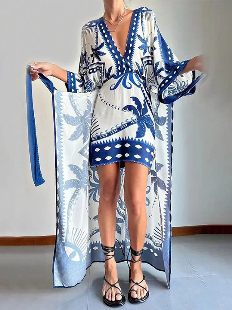 Vintage Bule Print Lace Up Midi Dress Women V Neck Half Sleeve High Waist Vestidos Spring Summer Casual Beach Robes Female Printing