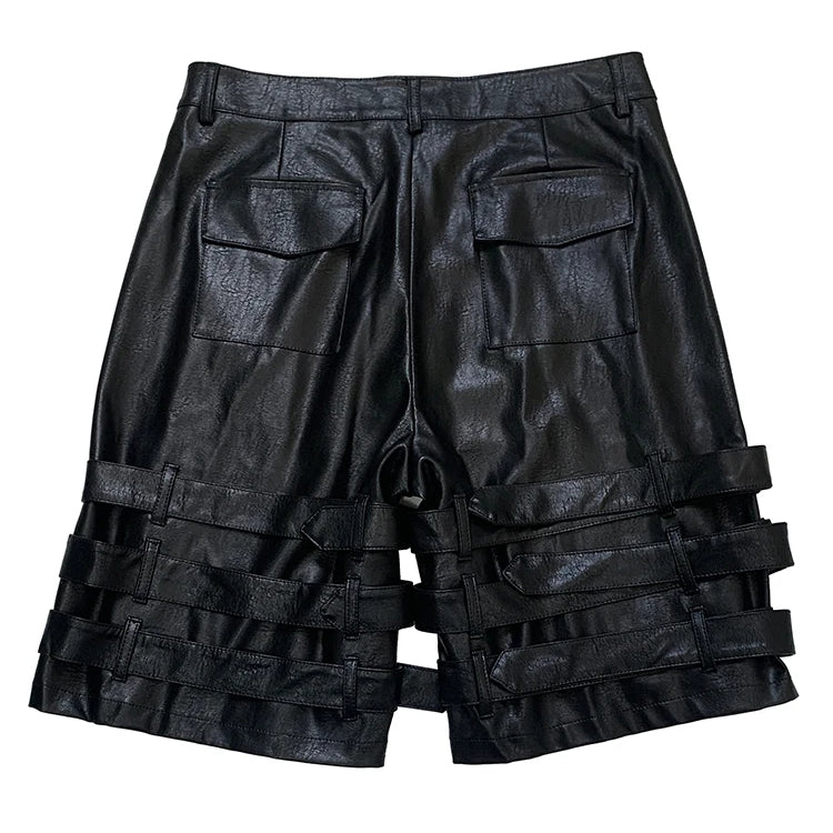 Nerazzurri Summer Autumn Black Faux Leather Shorts for Men with Many Belt Mens High Waist Short Straight Pants Emo Clothes 2025