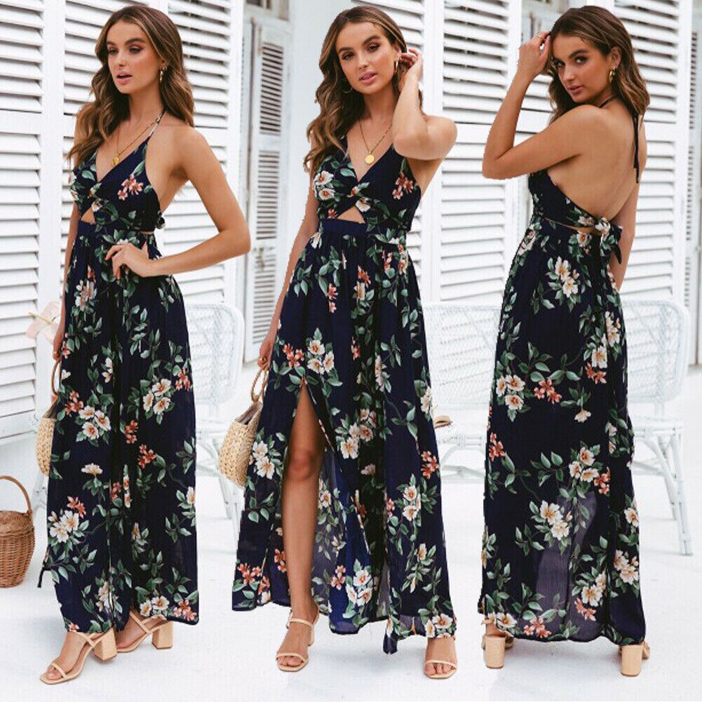 Womens Summer Boho Maxi Long Dress Evening Party Beach Dresses Sundress Sleeveless Split Floral Halter Dress