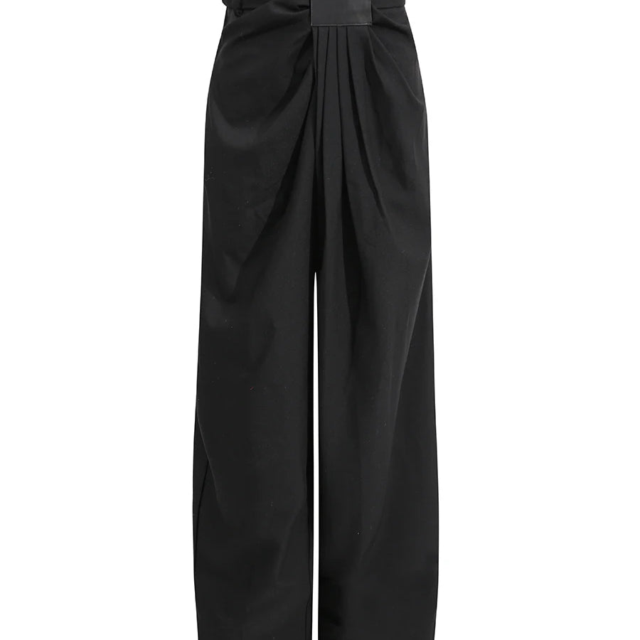 Fashion Casual Two Piece Sets for Women Lapel Long Sleeves Patchwork Zipper Top High Waist Wide Leg Pant Set Female BLACK