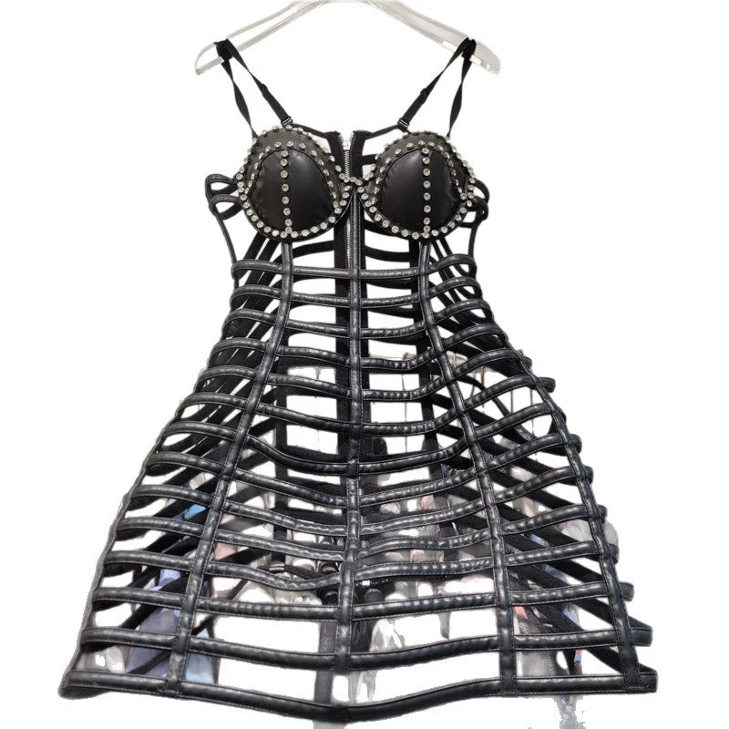 New Style Fashion Hollow Out Leather Dress For Women Heavy Industry Strapless Slim Fit Short Dresses Female 11A07880