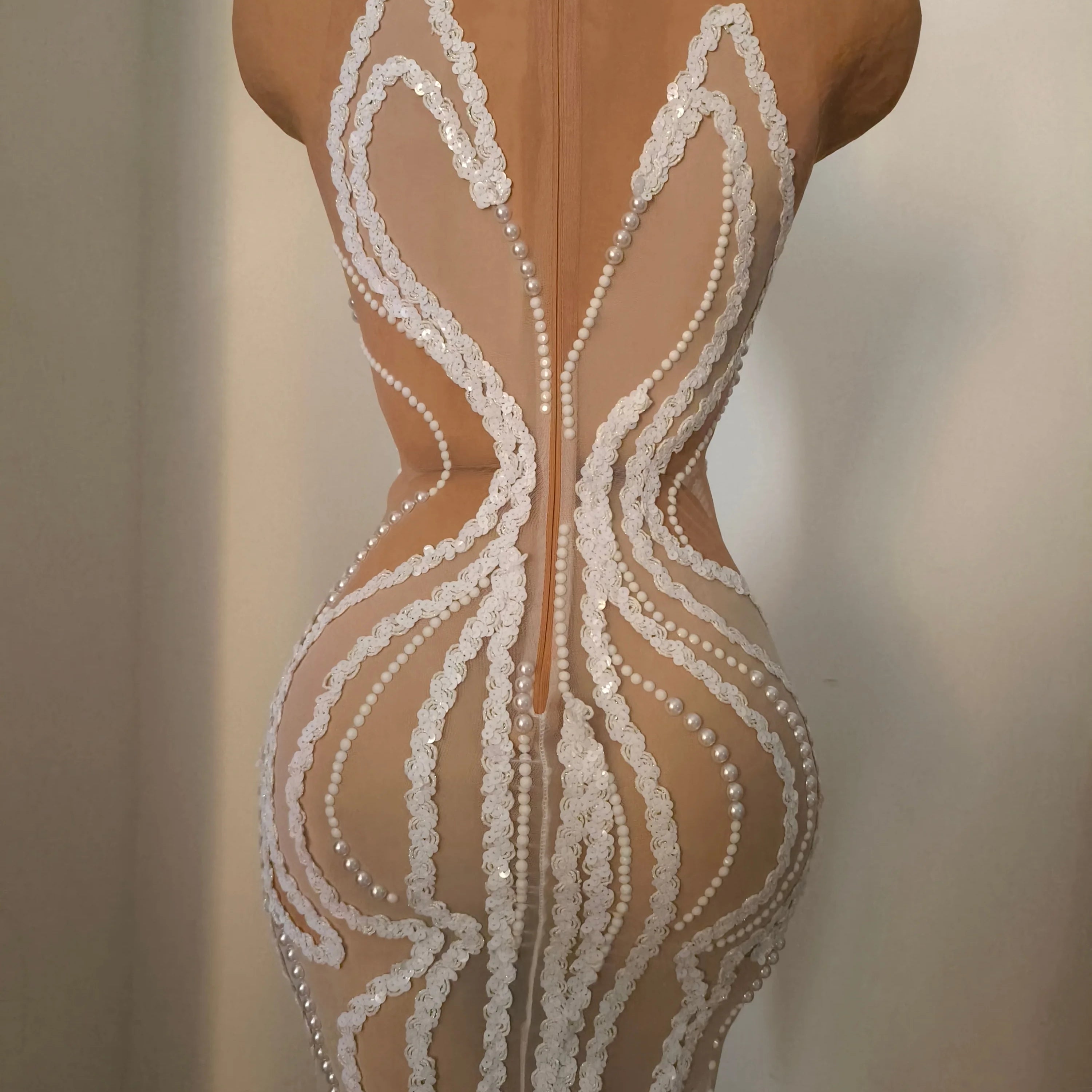 Refined White Sheer Mesh Maxi Dress Women Sexy High Neck Pearl Lace Bodycon Cocktail Nightclub Evening Gala Party Costume