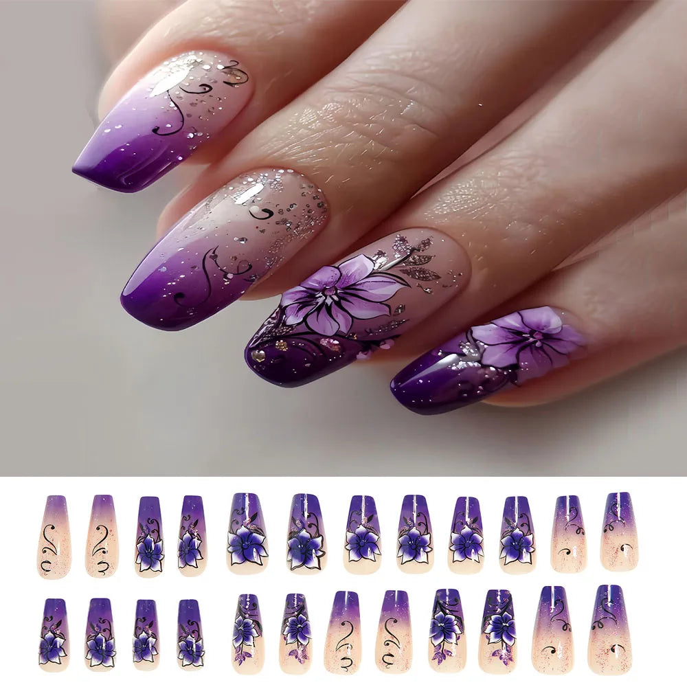 24pcs/set Short Medium fake nails for women girls gradient shiny glitters heart french Square almond tips Press on false nail 2318