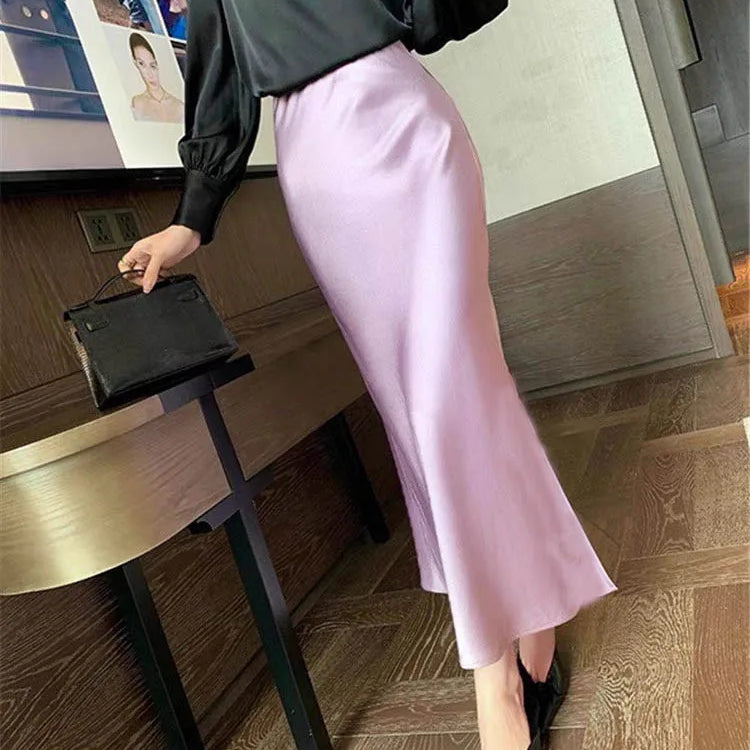 Silk Satin Skirts for Women Korean Style Champagne Office High Waist A-line Skirt Fashion Elegant Solid Long Pencil Skirt 2024 Purple