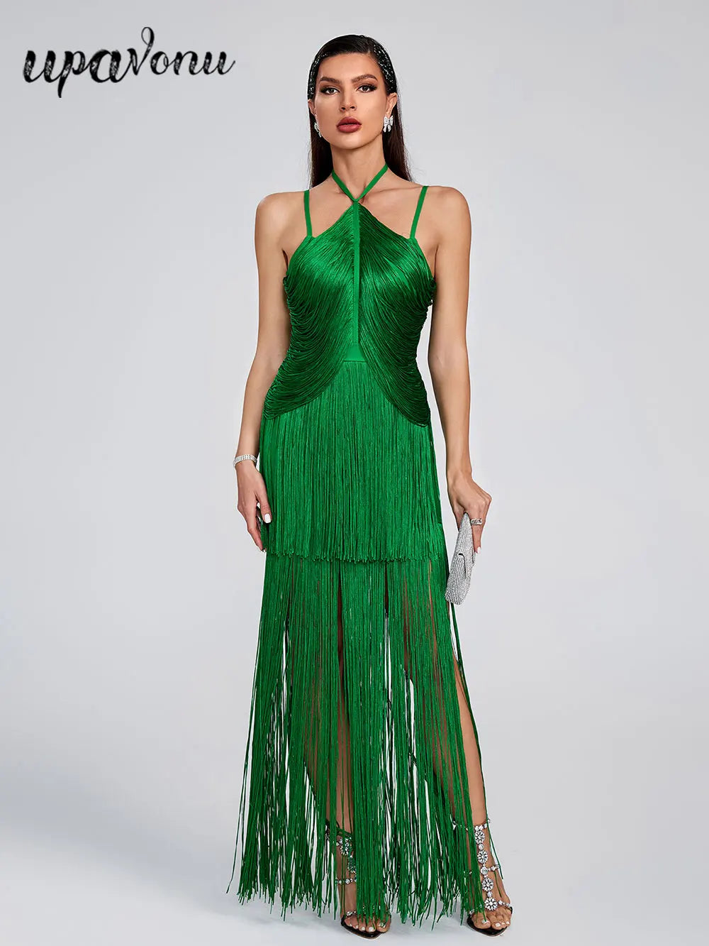 2025 Women Tassel Design Bandage Long Dress Hanging Neck Sleeveless Bodycon Backless Dress Celebrity Evening Club Party Vestidos