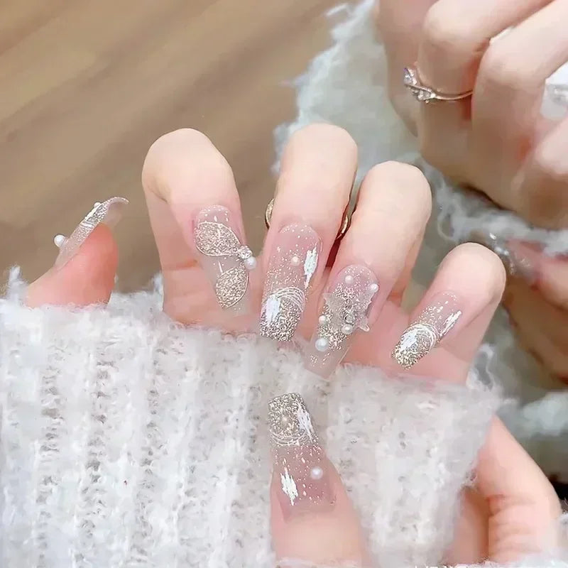 24Pcs False Nails French Gradient Ballet Fake Nails Press on Nails Black Heart Rhinestone Design Glitter Full Cover Nail Tips 10