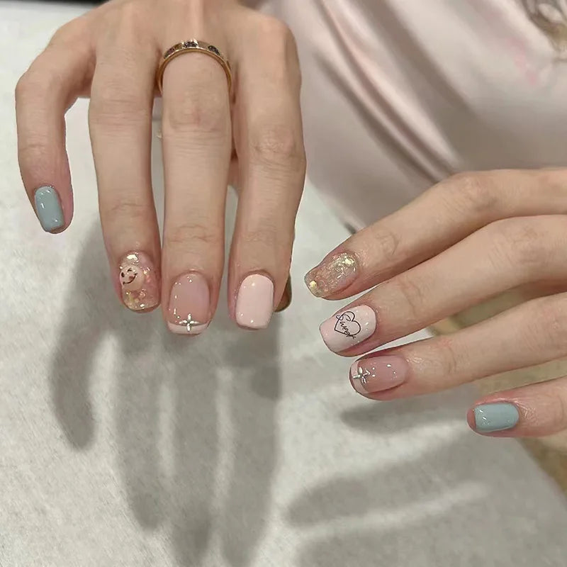 24Pcs Pink False Nails with Glue Ballerina Full Cover Nail Tips Simple Fake Nail with Star Rabbit Design Wearable Press on Nails 775