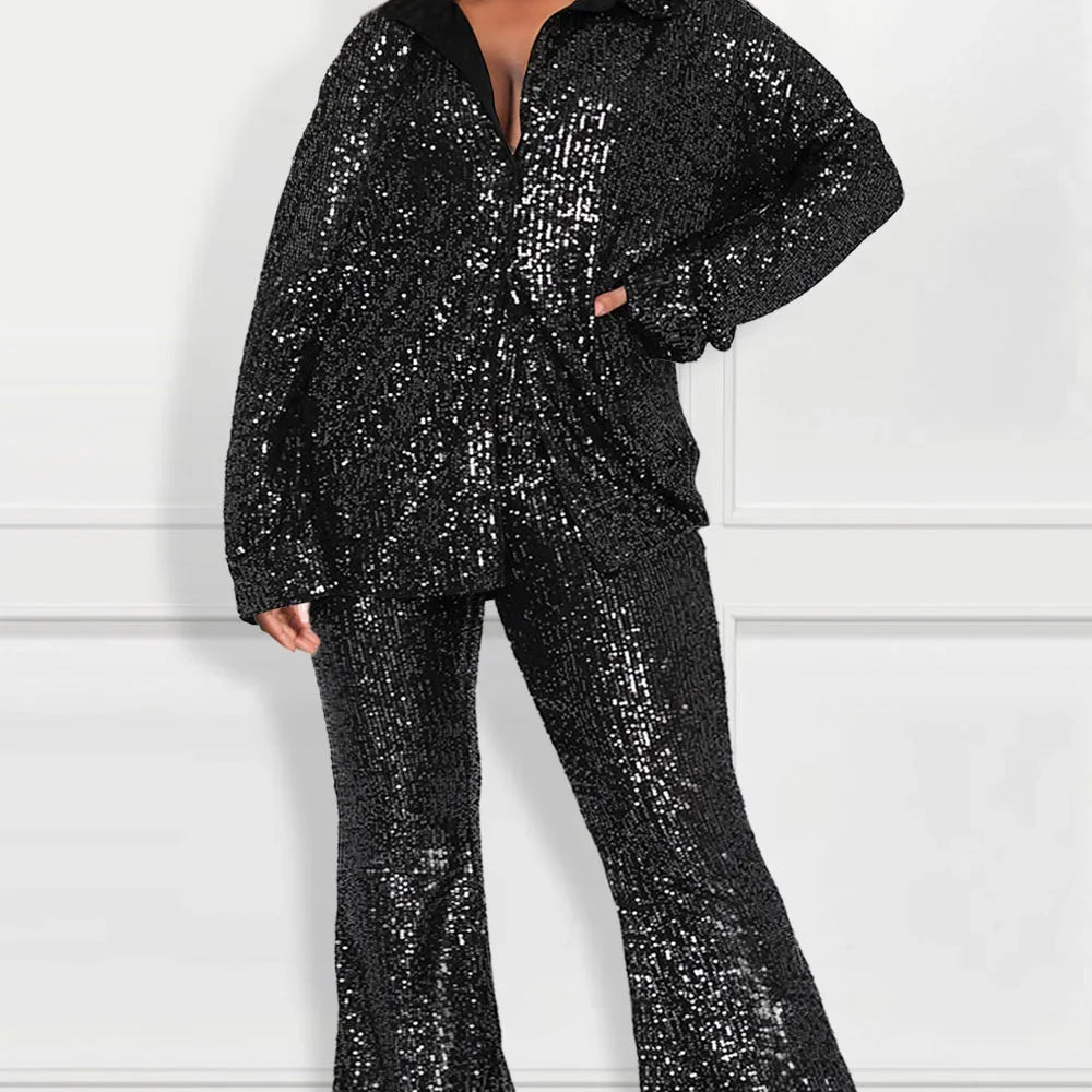 Plus Size Women Two Piece Set Sequin Flare Sleeve V-Neck Tops and Wide Leg Pants Outfits Party Club Streetwear Matching Sets Black
