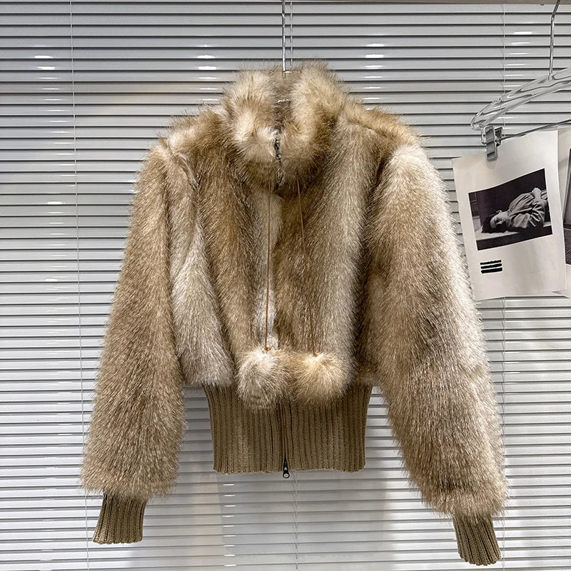 Winter New Fashion Gradient Wool Thread Waist-Cinching Faux Fur Short Coat For Women Stand Collar Jacket 11A07649 Khaki