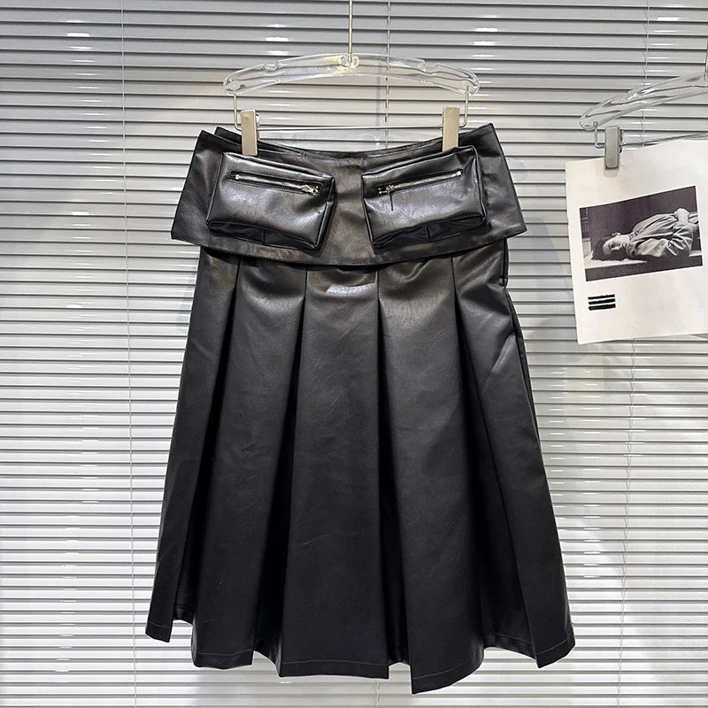 Winter New Fashion Pocket Waist Belt PU Leather Midi Skirt For Women High Street Pleated Skirts Female Trend 11A07862 Black