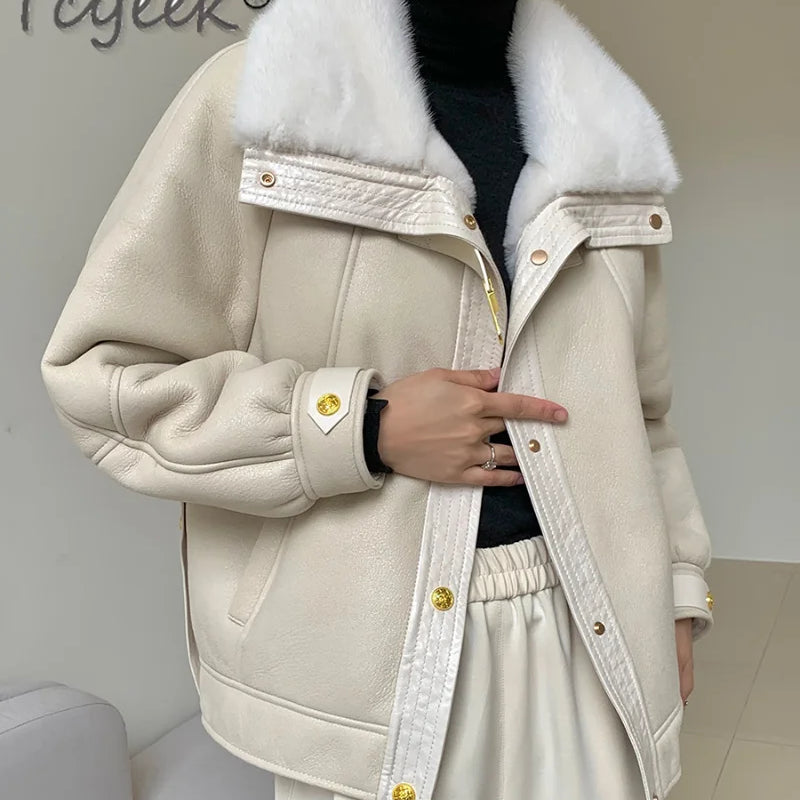 2023 Natural Sheepskin Leather Jacket Women Winter 100% Real Mink Fur Sheep Shearling Coat Female Casaco Feminino Gxy1207