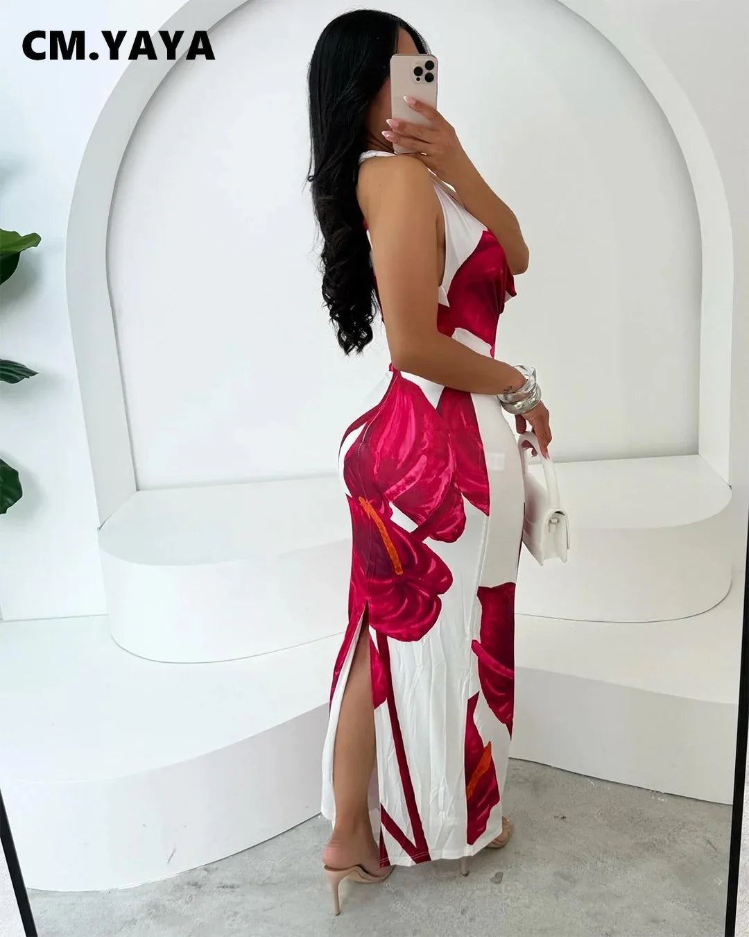 CM.YAYA Women Sleeveless floral Print pile neck backless bodycon midi maxi Dress Summer Evening Sexy Party long Dresses Vestidos