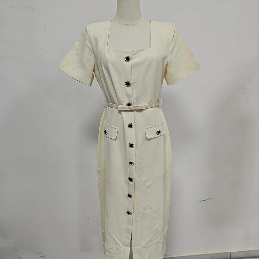 Solid Slimming Spliced Single Breasted Elegant Dresses for Women Square Neck Short Sleeves Split Dress Female New APRICOT