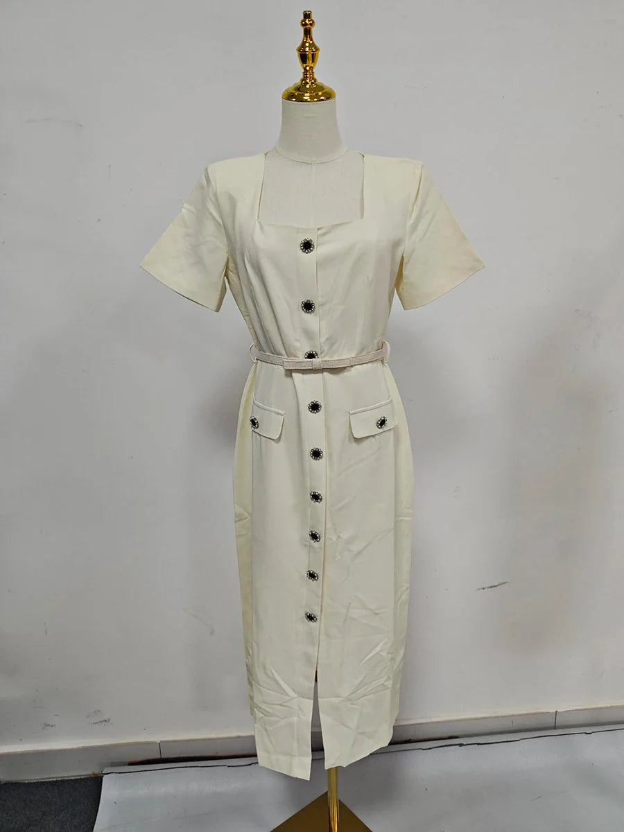 Solid Slimming Spliced Single Breasted Elegant Dresses for Women Square Neck Short Sleeves Split Dress Female New APRICOT