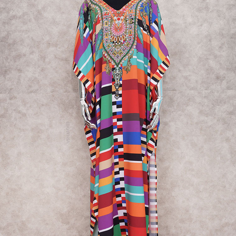 Plus Size Multicolored Loose Dress Cotton Tunic Women Large Size Beach Wear Kaftan Bohemian Printed Loose Beach Dresses