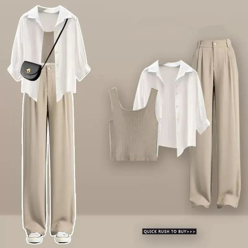 Women High Waist Long Denim Pants 2024 Summer Lady Daily Solid Shirt Vest Jeans 3 Piece Set Korean Fashion Blouse Tank Top Suits