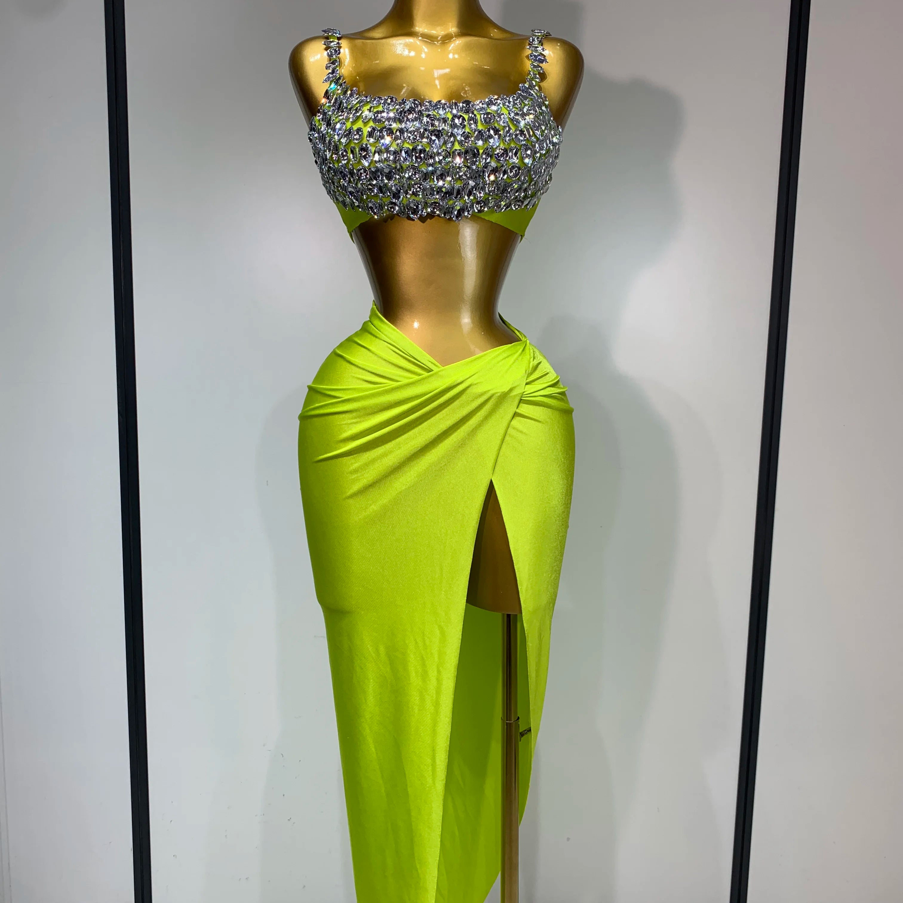 Women Sexy Sparkly Rhinestone Two Pieces Set Stretched Nightclub Skirt Suits Birthday Singer Dancer Stage Performance Costume Fluorescent Green