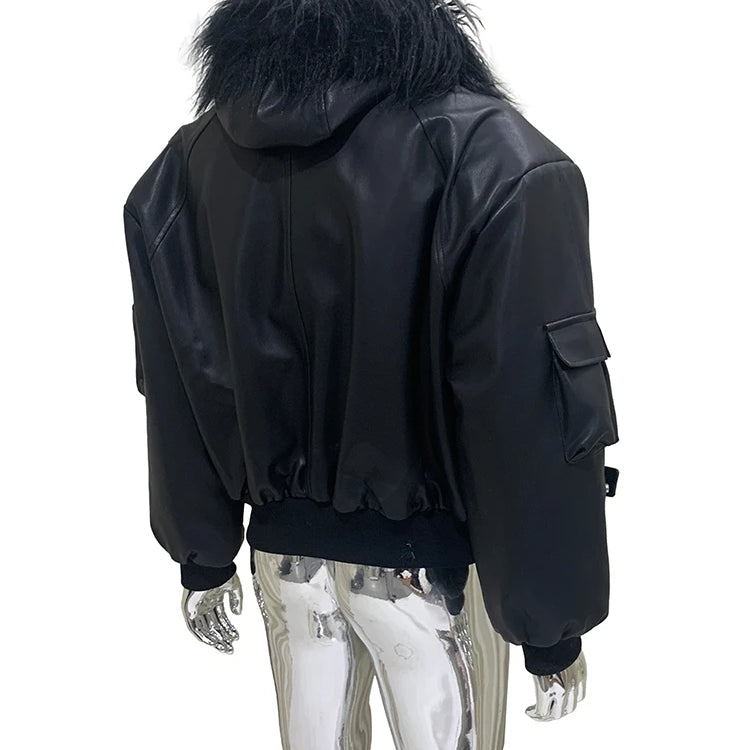 Mauroicardi Autumn Winter Short Oversized Black Warm Pu Leather Jacket Men with Faux Fur Trim Hood Loose Casual Korean Fashion