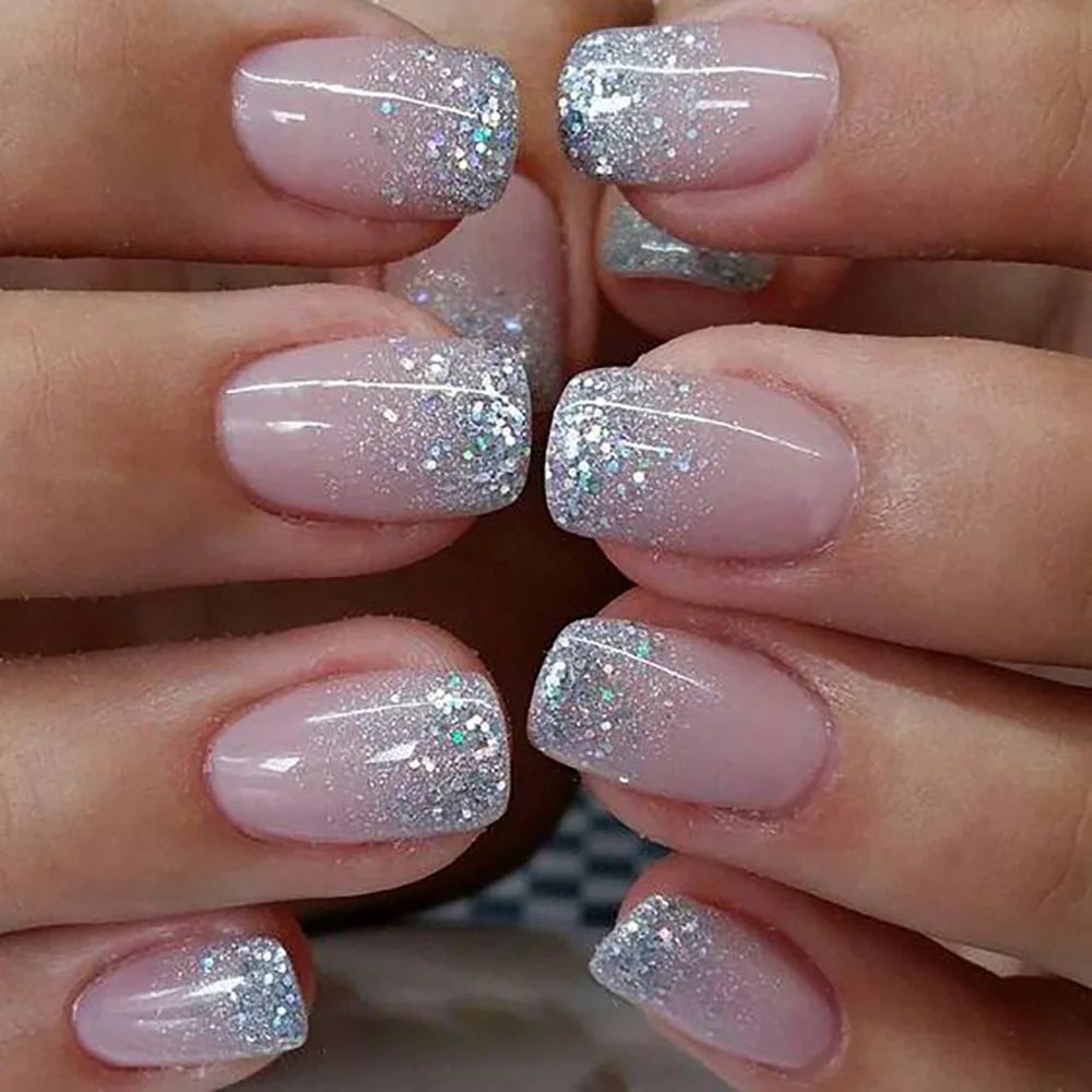 24pcs/set Glitter fake nails for women girls super flash sparkling gradient pink black tips faux ongles press on false nail art 980