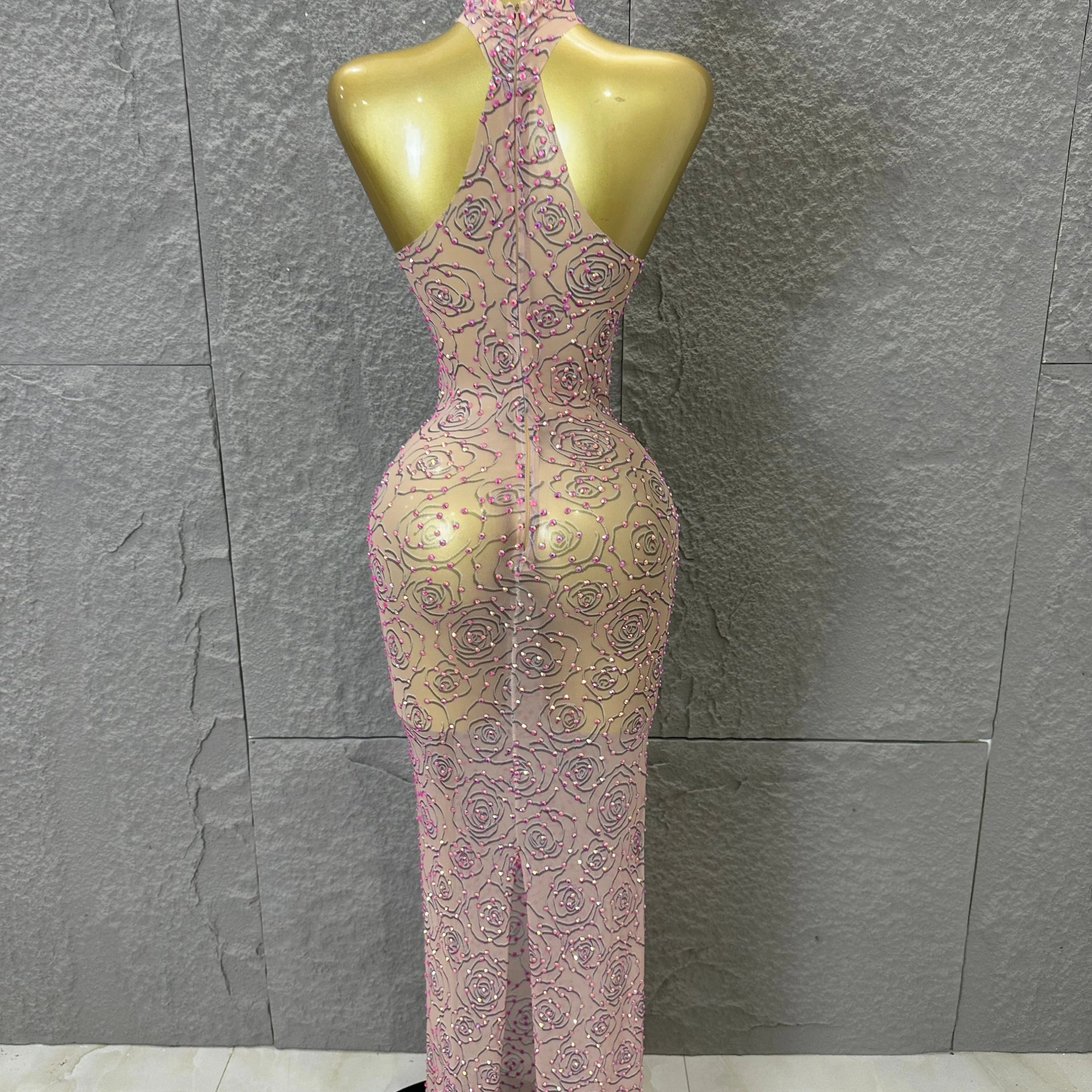 Sexy Glamorous Nude Halter Neck Maxi Dress Sheer Mesh 3D Rose Beaded Embellished Bodycon Nightclub Party Outfit