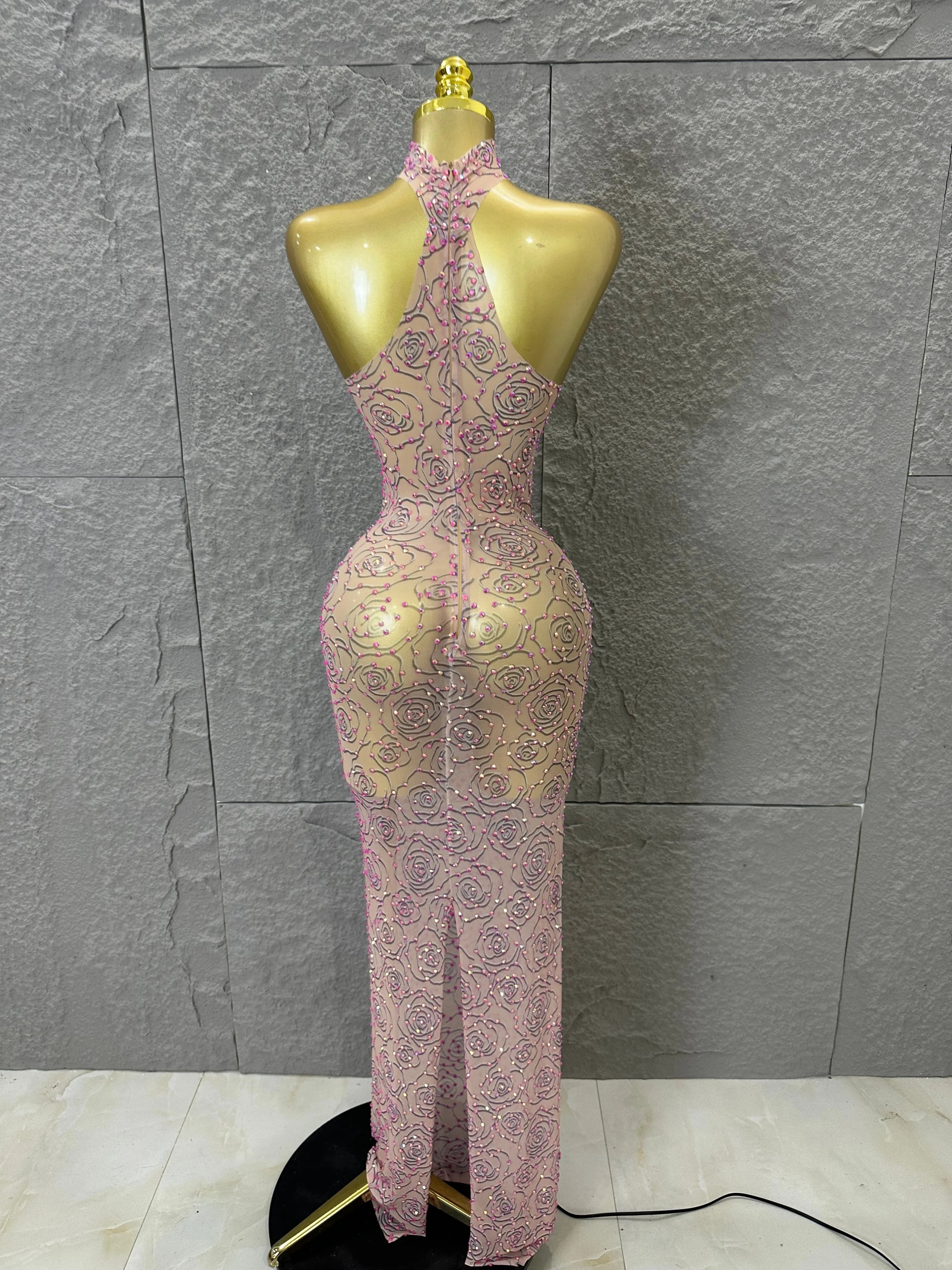 Sexy Glamorous Nude Halter Neck Maxi Dress Sheer Mesh 3D Rose Beaded Embellished Bodycon Nightclub Party Outfit