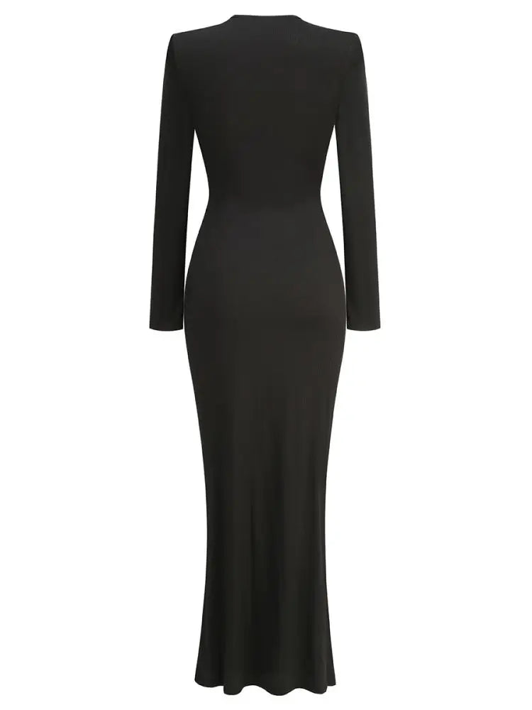 Black Color Women Long Sleeve Sexy Holes Bodycon Long Dress Fashion Celebrate Evening Party Red Carpet Dress Wholesale