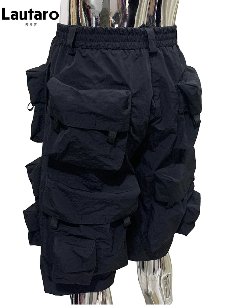 Lautaro Summer Autumn Thin Waterproof Black Nylon Cargo Shorts for Men with Many Pockets Luxury Designer Emo Techwear Clothes