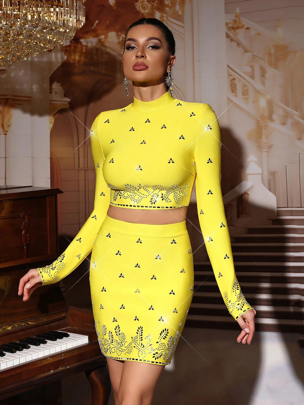 Modphy Black Yellow Rhinestone Bandage Two-Piece Set Women Long Sleeve Sexy Short Tops Bodycon Skirt Mini Sets Fashion Outfit
