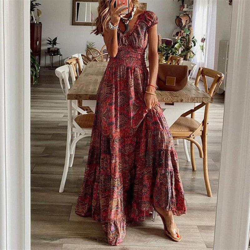 Summer Vintage Long Dresses Women 2024 Bohemian Elegant Floral Print V Neck Robe Beach Holiday Casual Big Swing Maxi Dresses wine