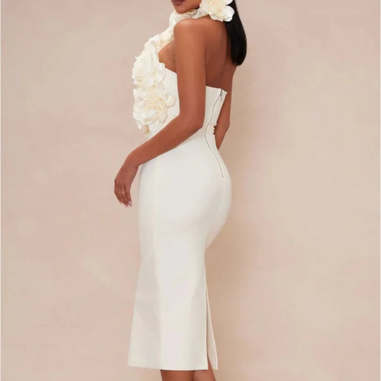 Rosered White Women Sexy Halter Off the Shoulder Backless Bodycon Long Bandage Dress Florals Celebrate Nightclub Party Wear