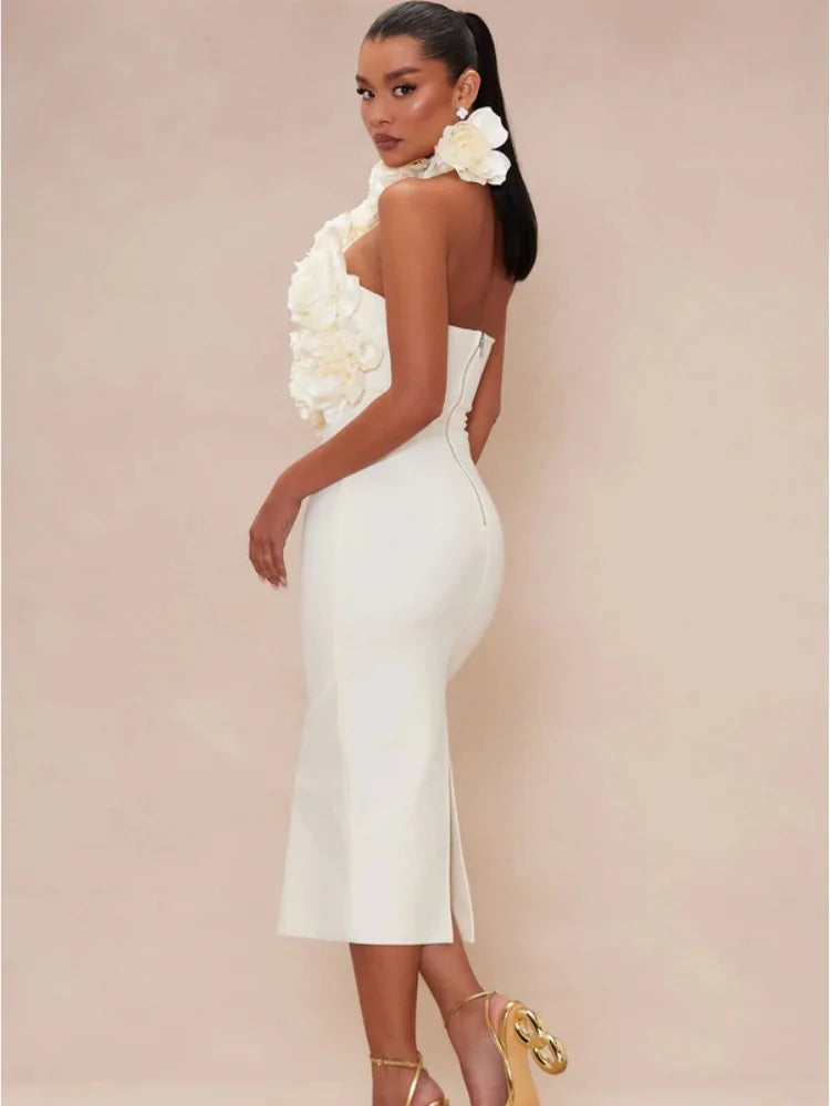 Rosered White Women Sexy Halter Off the Shoulder Backless Bodycon Long Bandage Dress Florals Celebrate Nightclub Party Wear