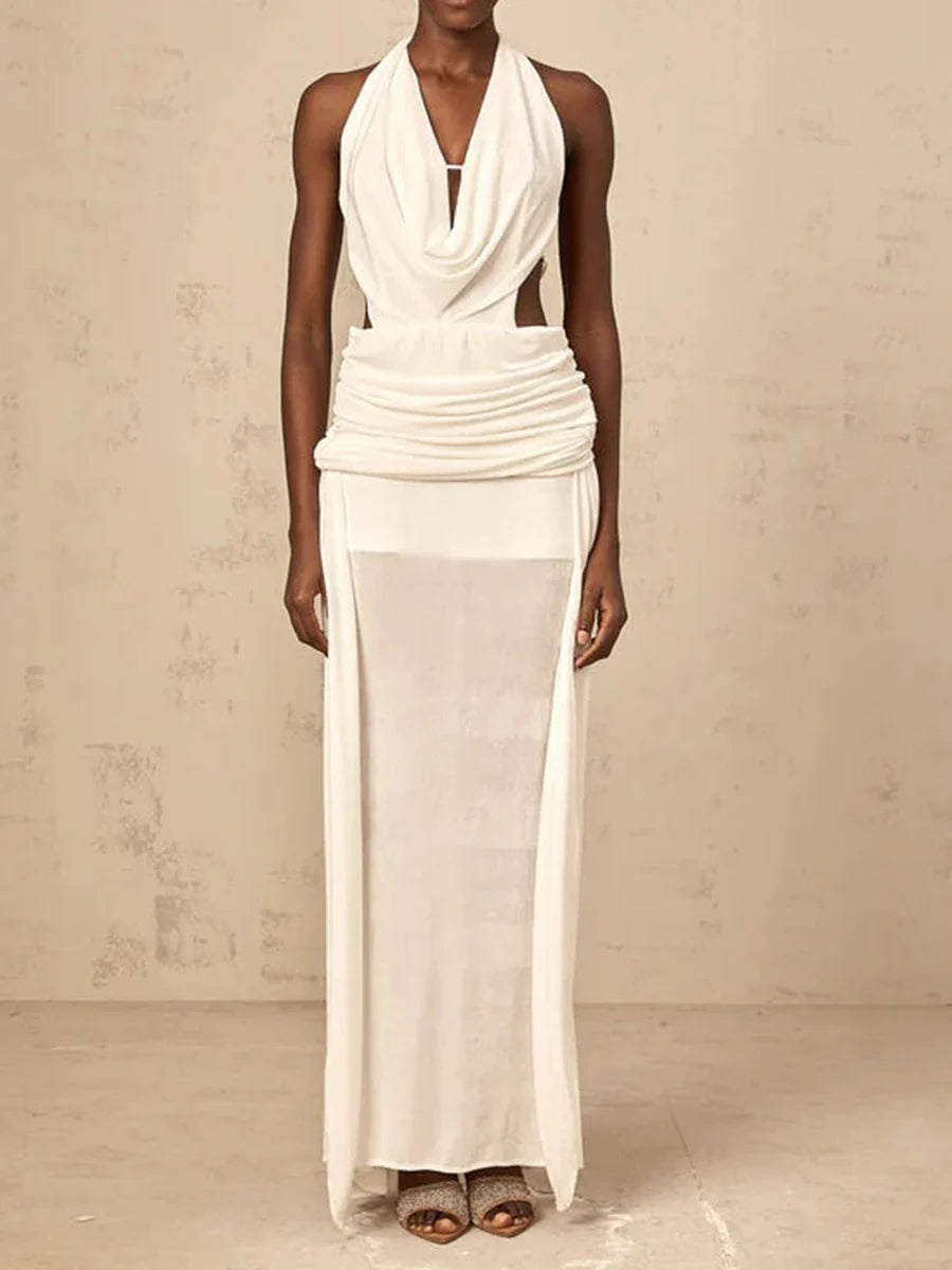 Solid Slimming Spliced Hollow Out Dresses for Women Halter Neck Sleeveless Patchwork Sheer Midi Dress Female New WHITE