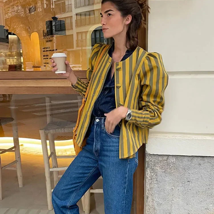 Women Contrasting Stripes Shirt Jacket Elegant Loose O Neck Long Puff Sleeve Thin Coat New Chic Female Artistic Streetwear 2024